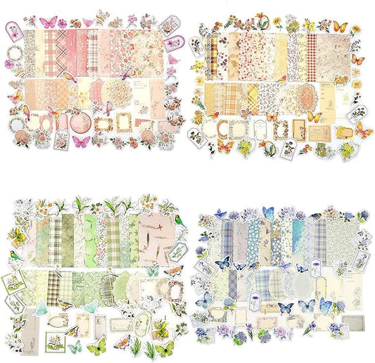 Vintage Floral Scrapbook Paper & Journaling Stickers (400pcs) Assorted Set - 4 Pack Junk Journal Supplies for Bullet Journaling, Retro Crafts, Planner, Mixed Media, Collage Card Album