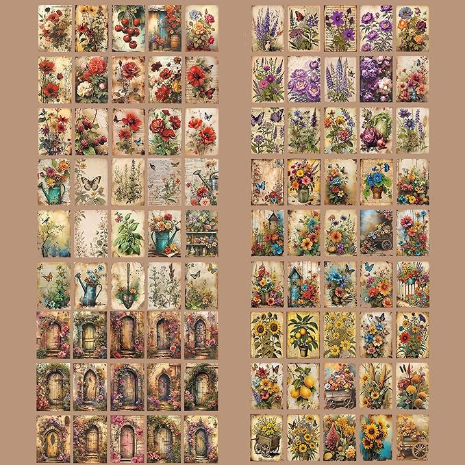 Vintage Old Looking Garden Flower Scrapbook Paper - 180 Sheets Cottagecore Floral Botanical Journaling Scrapbook Supplies Craft Paper Ephemera for Letter Writing,Poster,Planners