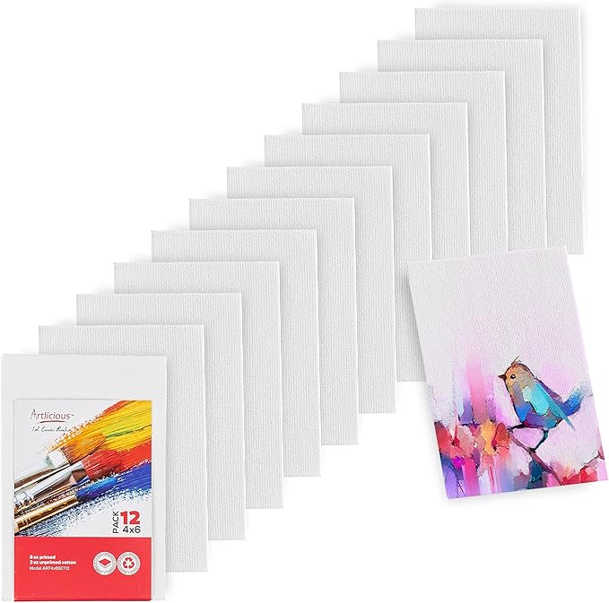 Artlicious Small Canvases for Painting - Pack of 12, 4 x 6 Inch Blank White Canvas Boards - 100% Cotton Art Panels Mini Canvas Bulk for Oil, Acrylic & Watercolor Small Canvas for Painting