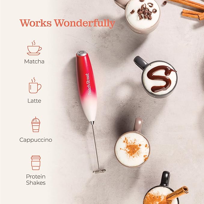 Powerful Handheld Milk Frother, Mini Milk Foamer, Battery Operated (Not included) Stainless Steel Drink Mixer with Stand for Coffee, Lattes, Cappuccino, Frappe, Matcha, and Hot Chocolate. (Red/White)
