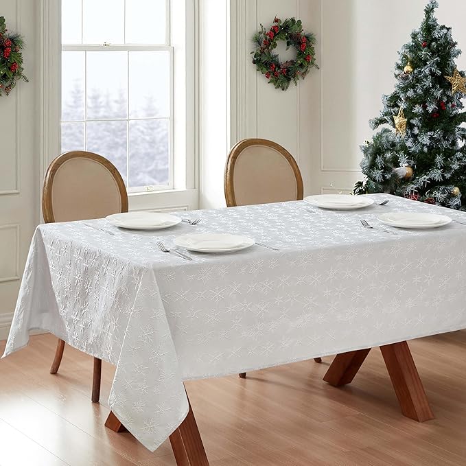 Laura Ashley Tablecloth Raised Woven Embroidered Jacquard Fabric, Wrinkle Resistant for Dining, Holiday, Party, Wedding or Banquet, 60" x 102", Snowflake Silver