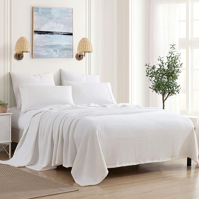 100% Fine Cotton Luxurious Basket Weave Blanket, White, Full/Queen Size (Pack of 6)