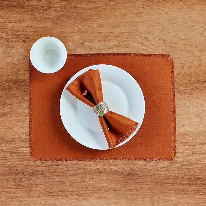 Solino Home Fringe Linen Placemats Set of 4-14 x 19 Inch Placemats Cinnamon - 100% Pure Linen Table Mats - Handcrafted and Machine Washable