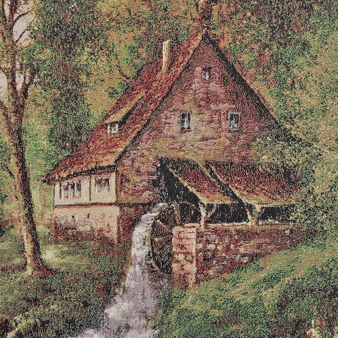 AureoMadis Vintage Woven Tapestry Wall Hanging | Lined Ludwig Fohlen Water Mill Fine Art | Rustic Forest Landscape Decor with Rod Pocket - 43" x 28.5"