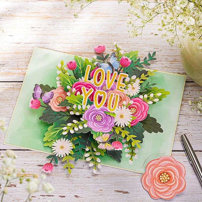 Colorful Floral Roses Pop Up Card, Love You, Flowers, Butterfly, 3D Greeting Cards, Ideal Gifts for Birthday, Mothers Day, Anniversary, Valentines Day, 5x7 - Includes Envelope And Message Note