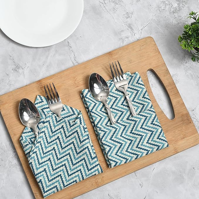 CPC Cloth Napkins 100% Cotton Set of 4 Reusable Napkins, Indian Block Print Toile Floral Dinner Napkin, Fall Thanksgiving Christmas Holiday Party Gift - Soft Absorbent Napkin, 18"x18" Sea Blue