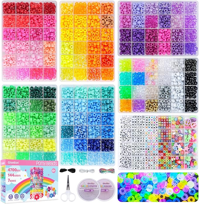 Gionlion 7 Boxes Pony Beads Bracelet Making Kit, 144 Colors 6x9mm Kandi Rave Beads, Friendship Bracelet Kit with 800Pcs Letter Bead for DIY Jewelry, Keychains, Arts and Crafts Gift for Girls Kids