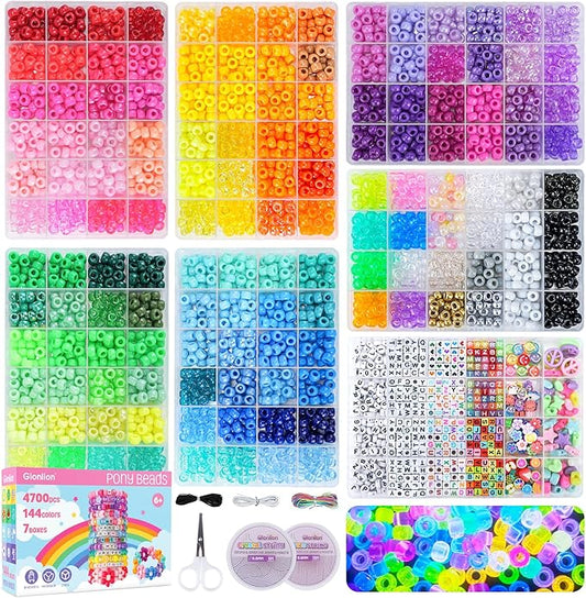 Gionlion 7 Boxes Pony Beads Bracelet Making Kit, 144 Colors 6x9mm Kandi Rave Beads, Friendship Bracelet Kit with 800Pcs Letter Bead for DIY Jewelry, Keychains, Arts and Crafts Gift for Girls Kids