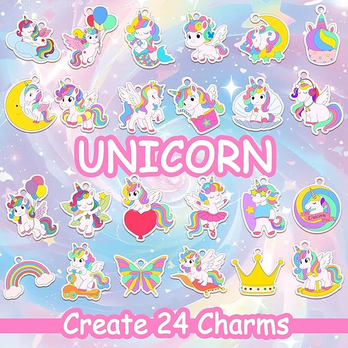Vicentorra DIY Unicorn Shrinking Art Kit, 63 PCS That Creates Charms and Tags, Includes 24 Pre-Cut Charms, 12 Markers & 12 Ball Chains, No Mess Art & Crafts for Kids and Teens, Ideal Party Favor Gift