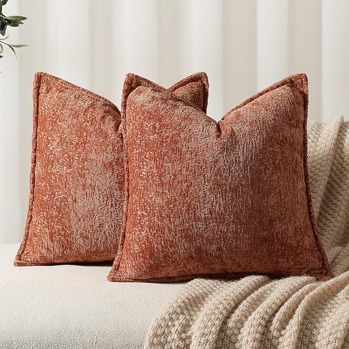 Pack of 2 Burnt Orange Fall Decorative Throw Pillow Covers 16x16 Cozy Soft Chenille Accent Vintage Square Couch Pillow Covers for Home Decor Bed Sofa Living Room