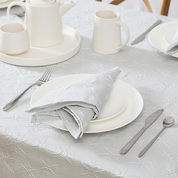 Laura Ashley Tablecloth Raised Woven Embroidered Jacquard Fabric, Wrinkle Resistant for Dining, Holiday, Party, Wedding or Banquet, 60" x 84", Snowflake Silver