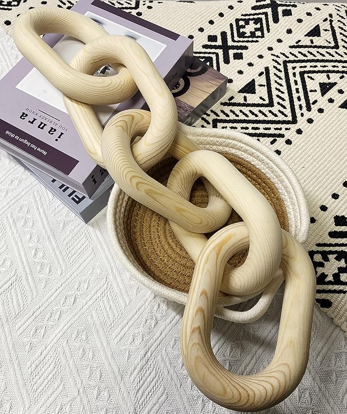 Wood Chain Link Decor - 18.9 Inches Length Aesthetic Room Decor, 5-Link Wood Chain Boho Decor for Living Room, Farmhouse Decor, Coffee Table (Wood)