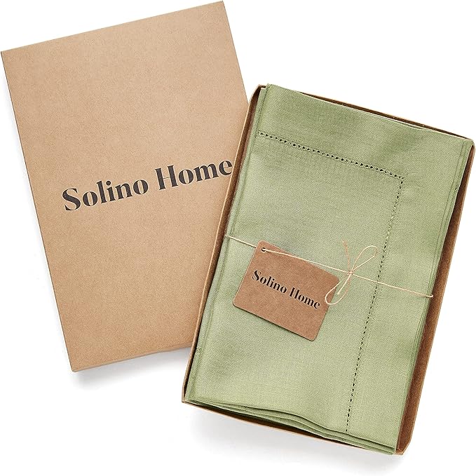 Solino Home Linen Napkins Set of 4 - Classic Hemstitch 100% Pure Linen Moss Green Dinner Napkins Cloth 20 x 20 Inch for Winter, Spring, Easter, St Patricks Day - Handcrafted and Machine Washable