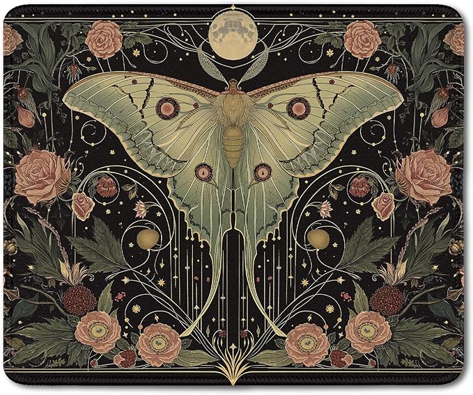 Moody Gothic Moth Mouse Pad, Dark Contemporary Botanical Mousepad for Desk Home Office Dorm Computers Laptop, Witchy Aesthetic Office Supplies Desk Accessories, 9.5x7.9 Inch