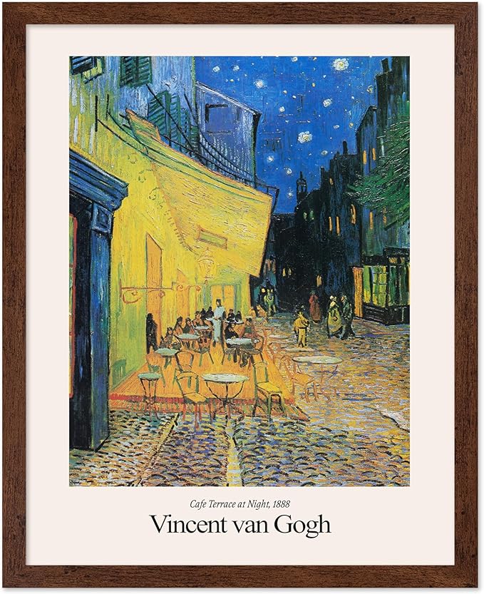 Monem Art Vintage Van Gogh Poster - Retro Impressionist Print - Cafe Terrace at Night, Arles, Stars, Aesthetic - Gift for Artist, Friend - Wall Decor for Home, Office, 16x20 Brown Framed
