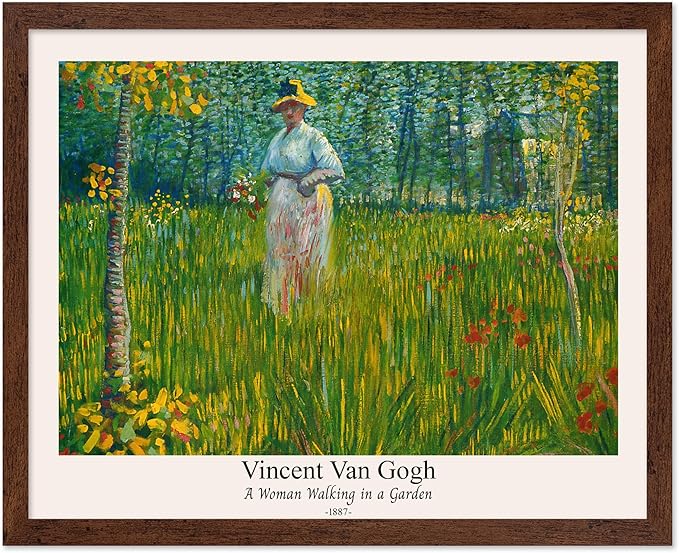 Monem Art Vintage Van Gogh Poster - Retro A Woman Walking In A Garden Print - Impressionism Art - Fine Art - Classic Painting Art - Floral Art - Bedroom or Office Decor - 8x10 Brown Framed