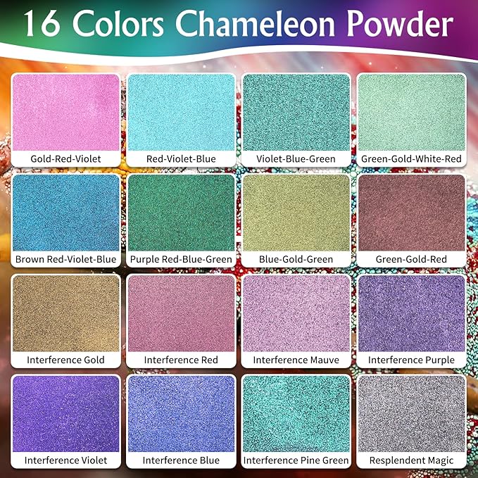 CHANGTIKEJI Chameleon Mica Powder，16 Colors*5g/Bottle，Shift Mica Powder for Epoxy Resin/Tumbler,Saturated Color Shifting Pigment Powder for Lip Gloss,Car Freshies,Eye Shadow,Nail Polish,Candle Making