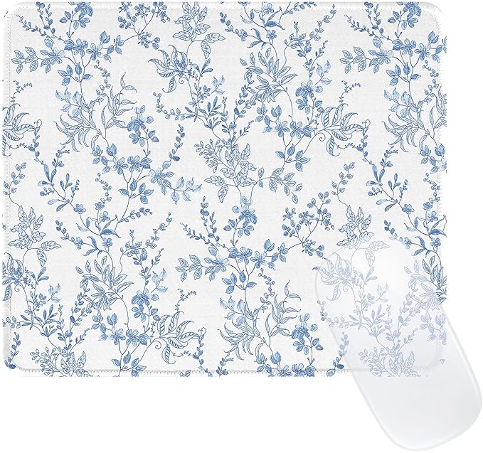 Elegant Blue Flowers Mouse Pad, Waterproof Aesthetics Floral Mouse Pads Design, Non-Slip Rubber Base Computer Simple Funny Mousepad,Small Mouse Mat Desk Accessories Office Supplies