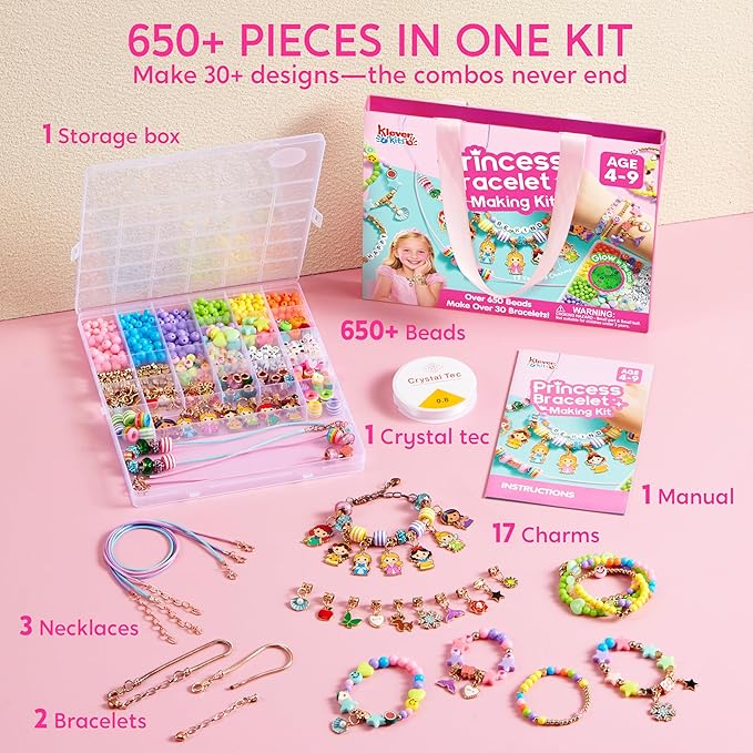 Klever Kits Princess Bracelet Making Kit, Jewelry Making Kit, Bracelets for Girls, Crafts for Kids, 4 Year Old Girl Birthday Gifts, Over 650 Beads, Make 30+ Designs by JOVA