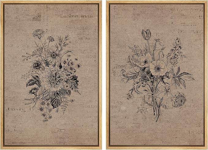 SIGNWIN Framed Canvas Print Wall Art Set Antique Floral Bouquets Vintage Engraved Flowers Modern Minimalism Decorative Nordic for Living Room, Bedroom, Office - 24"x36"x2 Natural