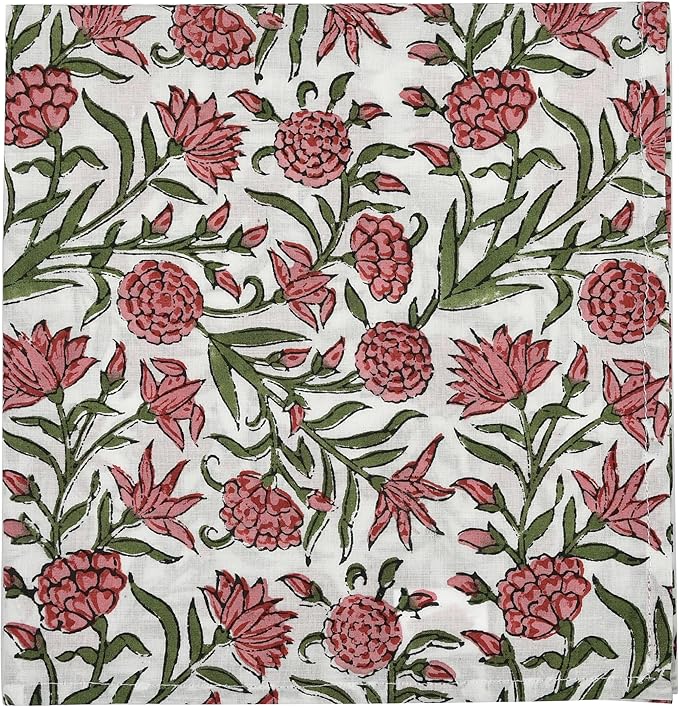 CPC Cloth Napkins 100% Cotton Set of 4 Reusable Napkins, Indian Block Print Toile Floral Dinner Napkin, Fall Thanksgiving Christmas Holiday Party Gift - Soft Absorbent Napkin, 18"x18" Red Garnet