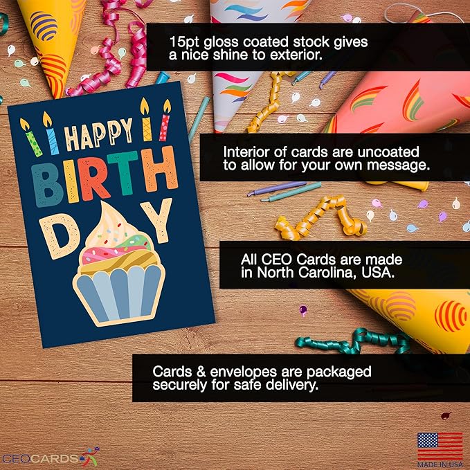 Happy Birthday Cards Bulk Greeting Card Set (Delicious) 18 Pack & White Envelopes - 5x7 Inch Birthday Theme for Family, Women, Men, Coworkers & Office (B2407)