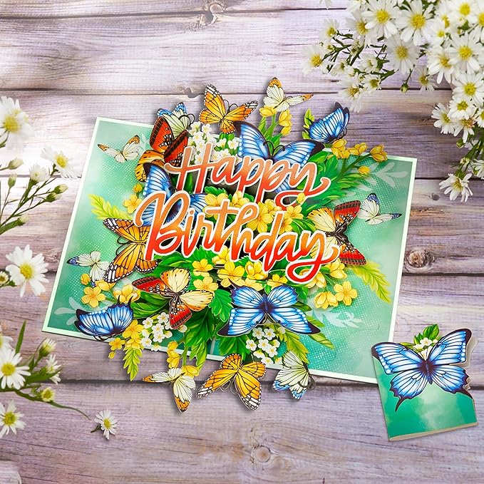 Floral Butterflies Pop Up Card, Happy Birthday, Flowers, 3D Greeting Cards, Gifts for Mom, Mother in Law, Wife, Girlfriend, Sister, 5x7 - Includes Envelope And Message Note