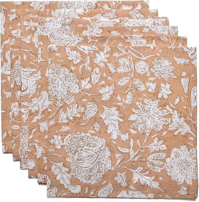 CPC Cloth Napkins 100% Cotton Set of 4 Reusable Napkins, Indian Block Print Toile Floral Dinner Napkin, Fall Thanksgiving Christmas Holiday Party Gift - Soft Absorbent Napkin, 18"x18" Light Peach