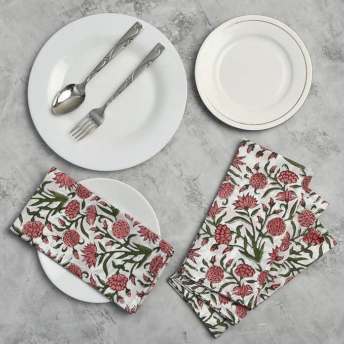 CPC Cloth Napkins 100% Cotton Set of 4 Reusable Napkins, Indian Block Print Toile Floral Dinner Napkin, Fall Thanksgiving Christmas Holiday Party Gift - Soft Absorbent Napkin, 18"x18" Red Garnet