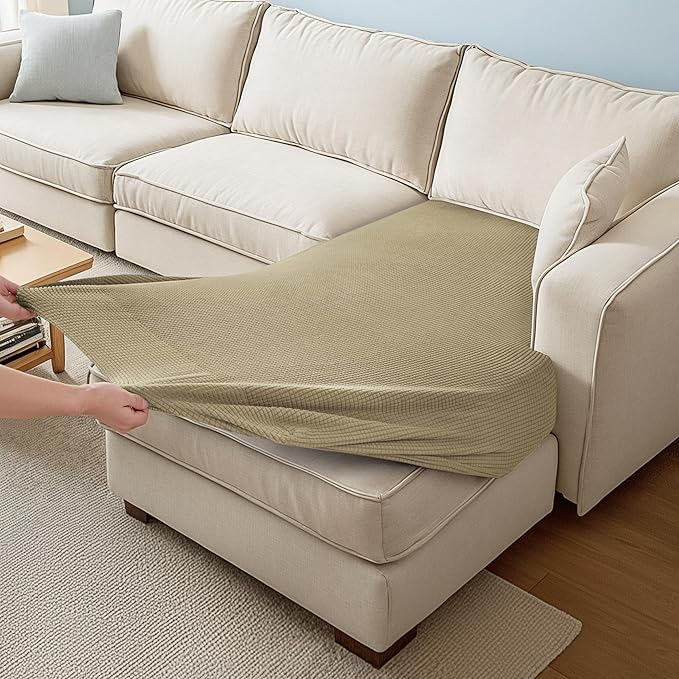 CHUN YI Stretch Sectional Couch Covers 1 Piece Chaise Lounge Slipcover L Shape Separate Cushion, Chaise Couch Cover for Both Left/Right Sectional Couch (Chaise Cover, Khaki)