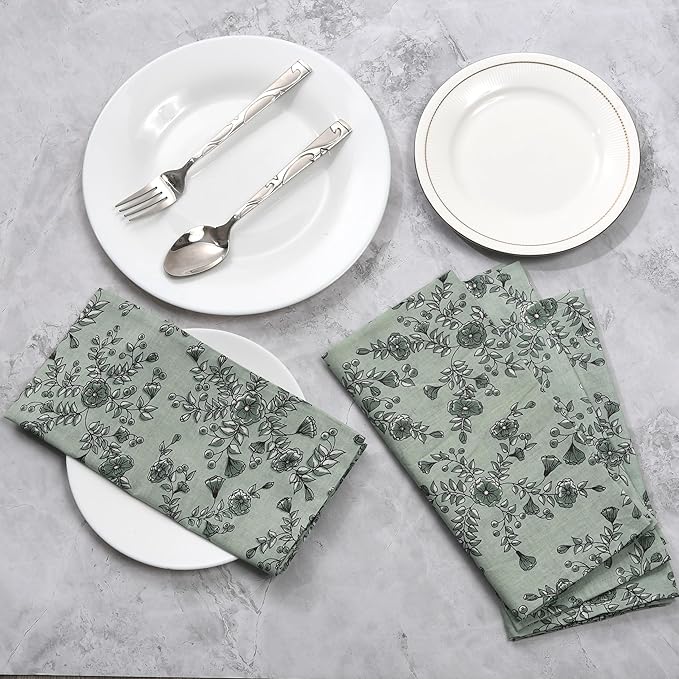 CPC Cloth Napkins 100% Cotton Set of 4 Reusable Napkins, Indian Block Print Toile Floral Dinner Napkin, Fall Thanksgiving Christmas Holiday Party Gift - Soft Absorbent Napkin, 18"x18" Laurel Green
