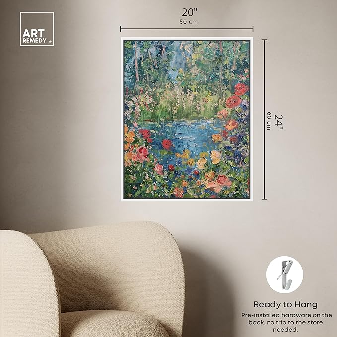Art Remedy Serene Escape Framed Impressionism 1 Piece Canvas Wall Art/Monet And Van Gogh Inspired Art, 21" x 25", White Frame