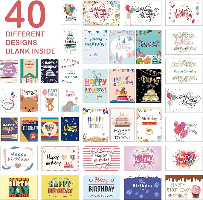 feela Birthday Cards Bulk, 160 Pack 40 Designs Happy Birthday Card Assortment Box with 160 Blank Envelopes 168 Pieces of Stickers 6 Washi Tapes, 4 X 6 Inches Greeting Cards For Girls Family Friends