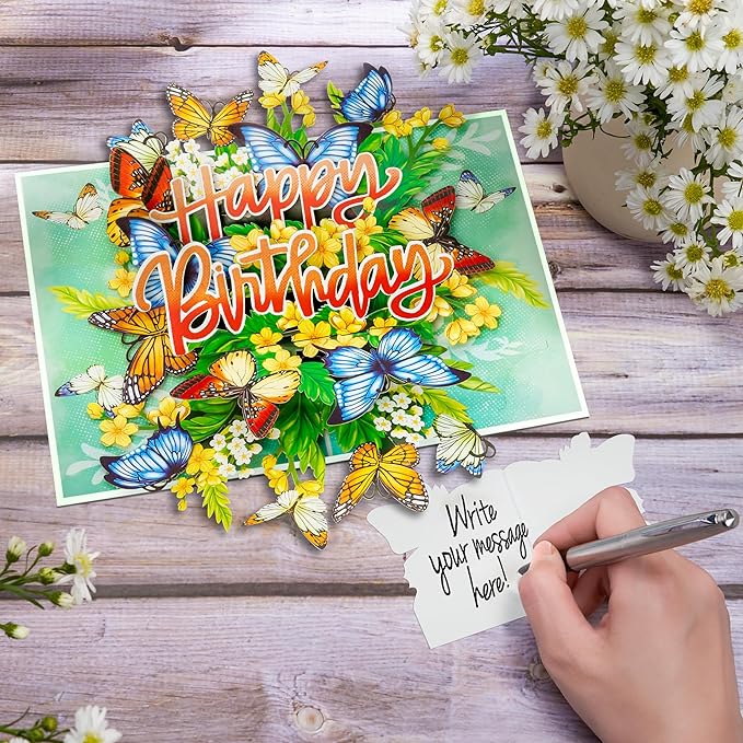 Floral Butterflies Pop Up Card, Happy Birthday, Flowers, 3D Greeting Cards, Gifts for Mom, Mother in Law, Wife, Girlfriend, Sister, 5x7 - Includes Envelope And Message Note