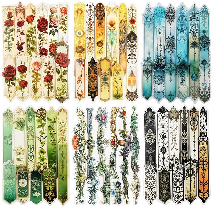 120PCS PET Strip Stickers, Gothic, Rose, Baroque, Emerald, Amber and Snow Style Designs in Vintage Aesthetic, Scrapbook and Journal Labels, Transparent Waterproof DIY Supplies