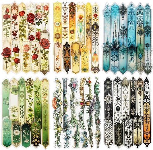 120PCS PET Strip Stickers, Gothic, Rose, Baroque, Emerald, Amber and Snow Style Designs in Vintage Aesthetic, Scrapbook and Journal Labels, Transparent Waterproof DIY Supplies