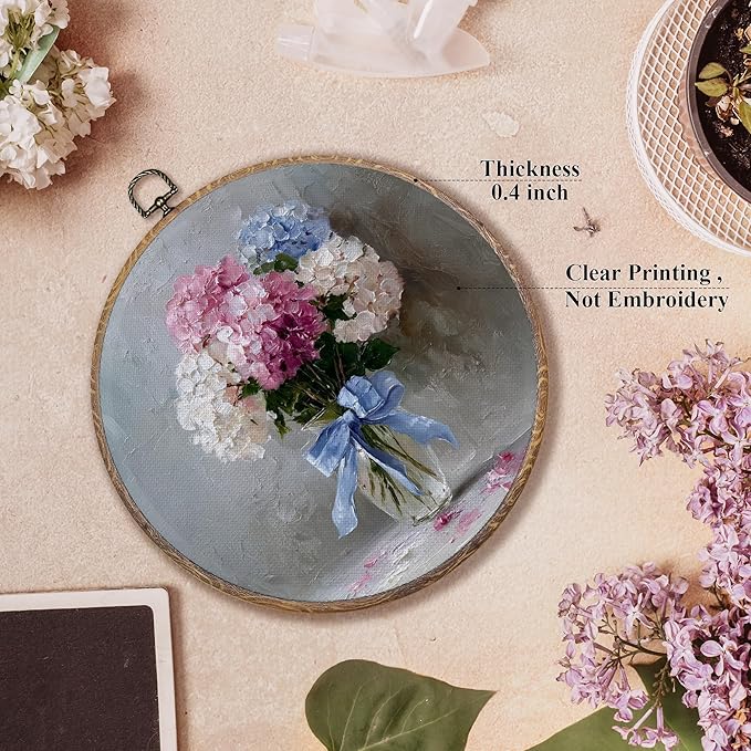 FUGWN Vintage Hydrangea Floral Round Wall Art Decor Framed, Cottagecore Floral Canvas Artwork Prints, Rustic Blue Pink White Flower Wall Hanging Decorations for Home Bedroom Living Room, 10x10 Inch