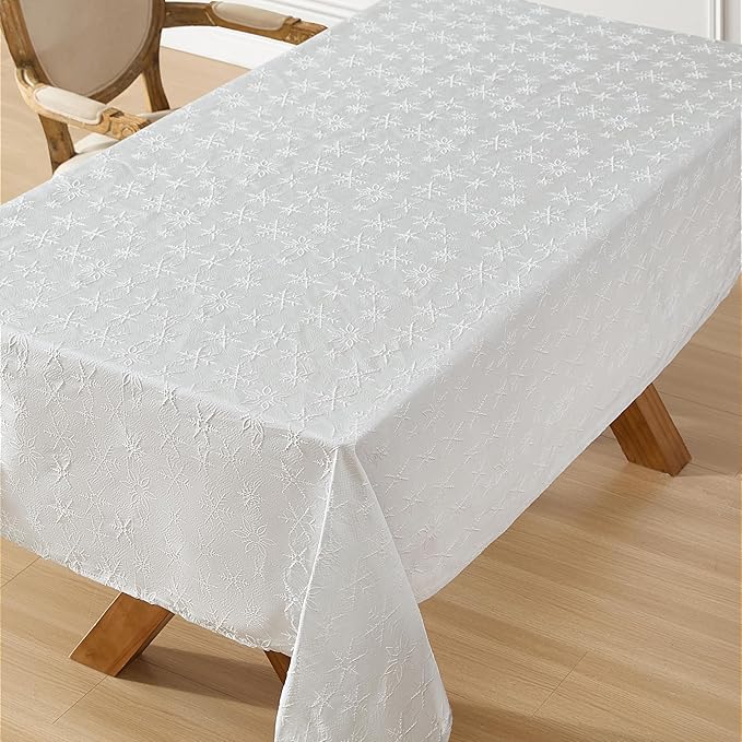 Laura Ashley Tablecloth Raised Woven Embroidered Jacquard Fabric, Wrinkle Resistant for Dining, Holiday, Party, Wedding or Banquet, 60" x 144", Snowflake Silver
