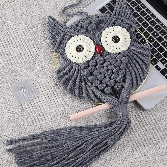 MVSUTA Owl Grey Cotton Handmade Macrame Wall Hanging Tapestry Home Decor Art and Gray Craft Wonderful Woven Boho Ornament for Office Bedroom Apartment Living Nursery Gallery,1pc Middle size:9.8" W x