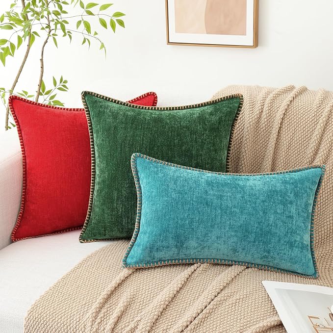 decorUhome Spring Chenille Soft Throw Pillow Covers 26x26 Set of 2, Farmhouse Velvet Neutral Decorative Euro Sham Pillow Covers with Stitched Edge for Couch Sofa Bed Home Decor, Turquoise