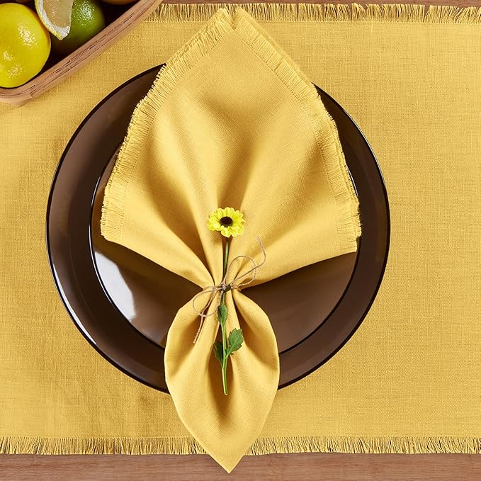 Solino Home Fringe Linen Cloth Napkins Set of 4-100% Pure Linen Marigold Yellow Dinner Napkins 20 x 20 Inch for Spring, Easter - Handcrafted and Machine Washable