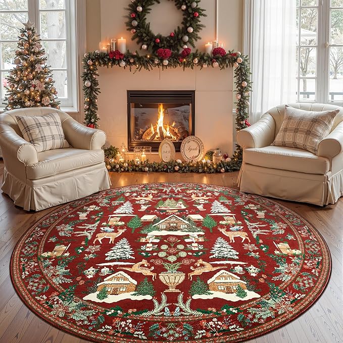 jinchan Round Christmas Rug for Dining Room 7ft Maroon Circle Holiday for Living Room Printed Christmas Tree and Cabin Rug 7' Soft Indoor Carpet for Bedroom Washable Non-Slip Winter Xmas Decor