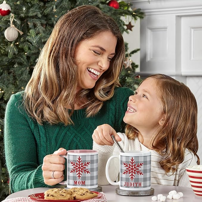 Let's Make Memories Personalized Mug - Christmas Holiday Stocking Stuffer - Ceramic Coffee Mug - Buffalo Plaid Snowflake - White Handle - 15 oz.