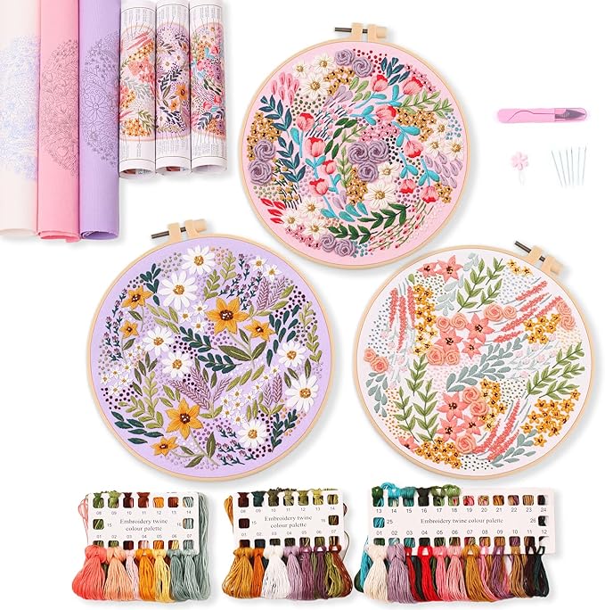 REEWISLY 3 Pack Embroidery Starter kit with Patterns and Instructions, DIY Adult Cross Stitch Kits Beginner, Including 3 Plastic Embroidery Rings, 1 Scissors, Colored Threads and Needles