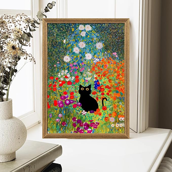 Fantasy Artists Gustav Klimt Canvas Wall Art, Framed Aesthetic Cat Floral Wall Decor, Garden Flower Black Cat Poster Paintings for Living Room Bedroom Bathroon, Dorm Home Decorations, 16" X 24"