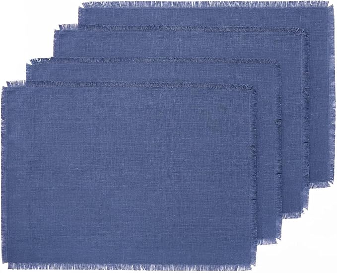 Solino Home Fringe Linen Placemats Set of 4 - Vintage Blue Placemats 14 x 19 Inch - 100% Pure Linen Table Mats for Winter, Spring, Easter