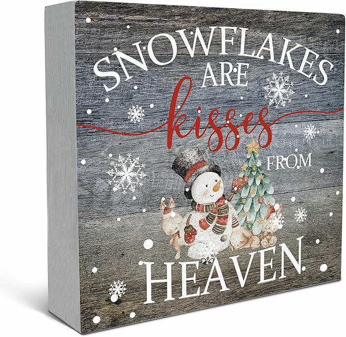 SRADMO Christmas Snowflakes are Kisses from Heaven Wood Box Sign Desk Decor, Winter Signs Box Sign Decoration for Home Office, Snowman Decor Signs Plaques