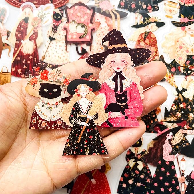 120 PCS Vintage Witch Scrapbook Stickers – Dark Gothic Halloween Witches, Magic Potions, Black Cats, Retro Witchy Aesthetic Sticker Pack for Journaling, DIY Crafts, Laptop, Halloween Decorations