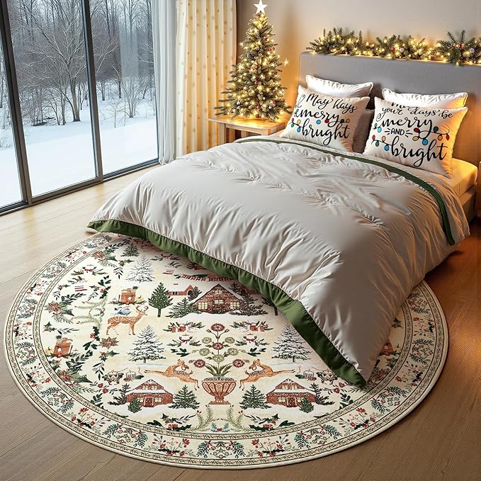 jinchan Round Christmas Rug for Dining Room 8ft Circle Holiday Rug for Living Room Printed Christmas Tree and Cabin 8'Soft Indoor Carpet for Bedroom Washable Non-Slip Winter Xmas Decor Green on Beige