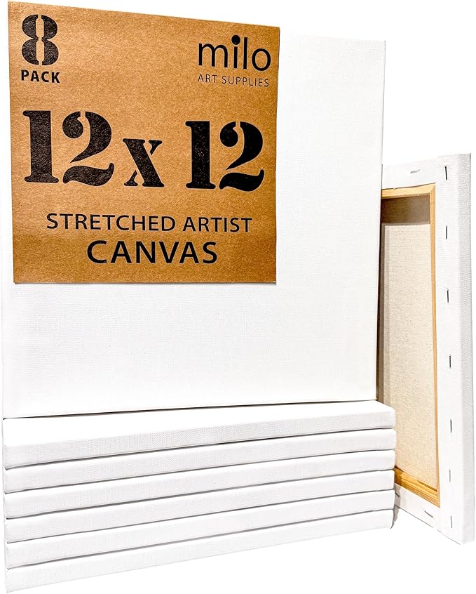 milo Stretched Artist Canvas | 12x12 inch | Value Pack of 8 Canvases for Painting, Primed & Ready to Paint Art Supplies for Acrylic, Oil, Mixed Wet Media, & Pouring, 100% Cotton with Pine Wood Frame